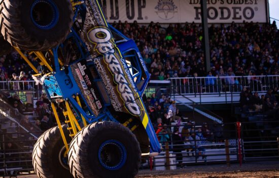 A blue monster truck named Obsessed at the Idaho State Fair.
