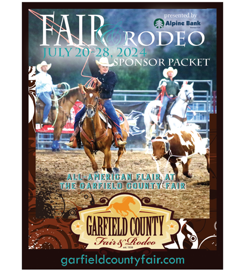 The cover of the Garfield County Fair and Rodeo 2024 sponsorship packet featuring three men on horses roping a bull.