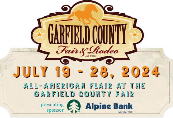 Garfield County Fair & Rodeo, est 1938. This year's fair is July 20-28, 2024, and the theme is All-American Flair at the Garfield County Fair, presenting sponsor Alpine Bank, member, FDIC.